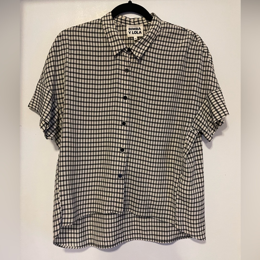 Bimba Y Lola Oversized Short Sleeve Check Button Down Shirt